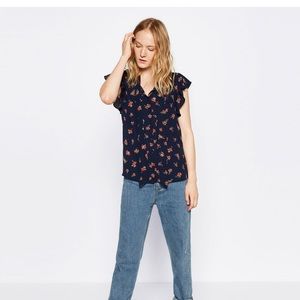 Navy Blue Floral Zara Blouse with Bow